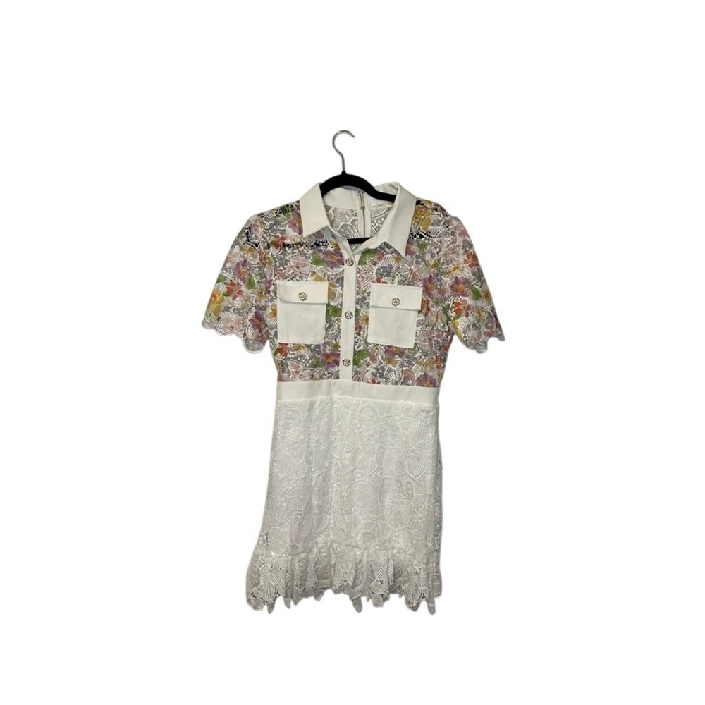 U Peach Floral Lace Mini Dress White Collar Short Sleeve Party Cocktail Medium